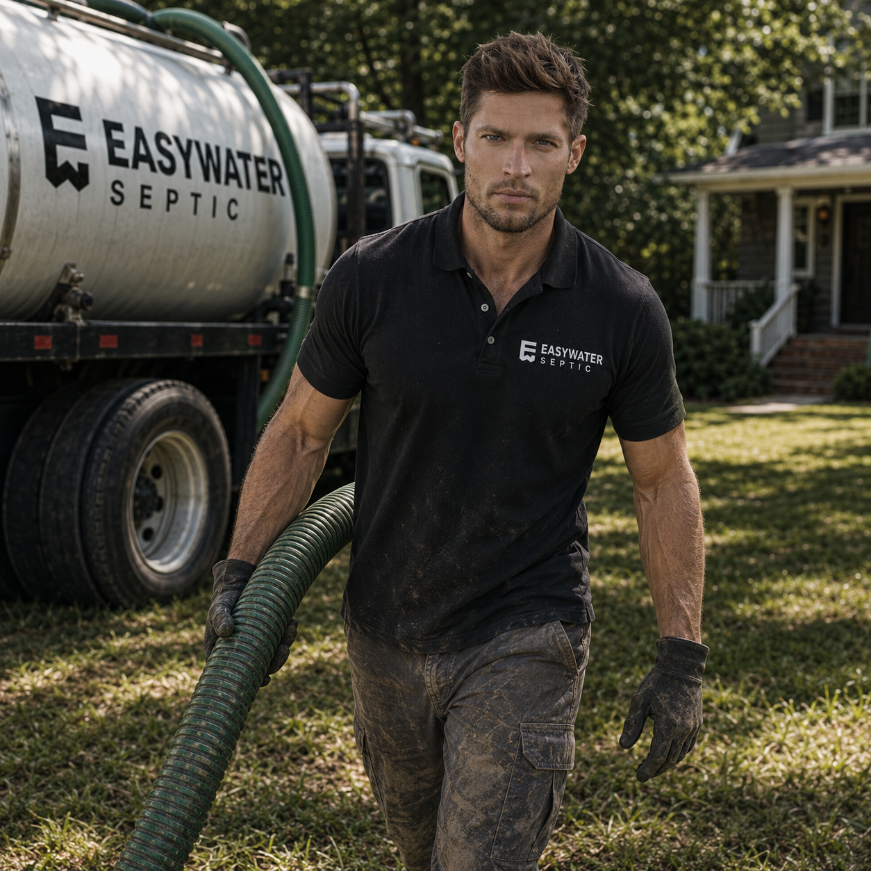 Easywater Septic truck and technician on a Carolina backroad